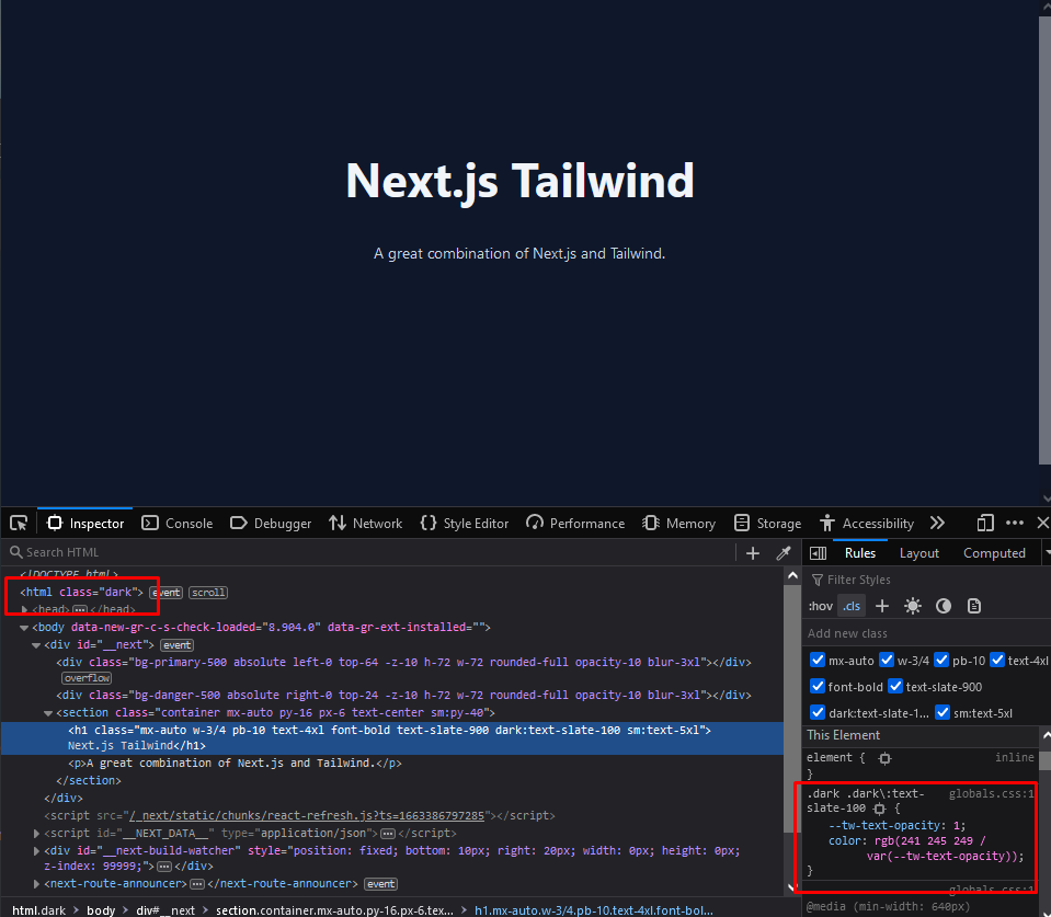 Dark mode activated and style with dark: prefix is applied