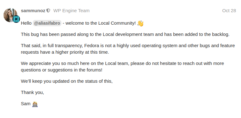 Reply from the Local team about the status of this issue.