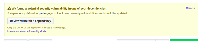 "Notifikasi fitur Security Alert pada Github untuk repositori proyek yang memiliki potensi celah keamanan pada dependensinya.